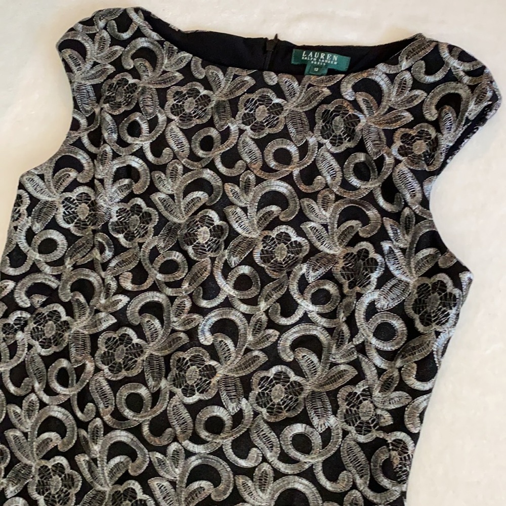 {NWT} Lauren Ralph Lauren | Metallic Embroidered Sheath Dress Black Pewter 12 - Picture 4 of 16